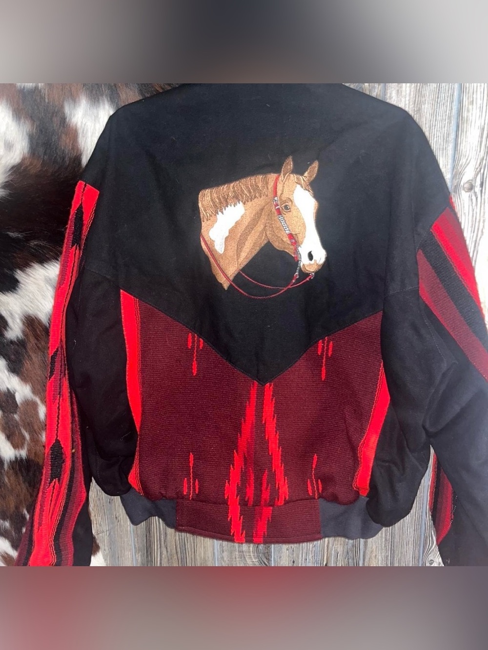 Vintage Buffalo Nickel size large saddle blanket zip embroidered horse bomber